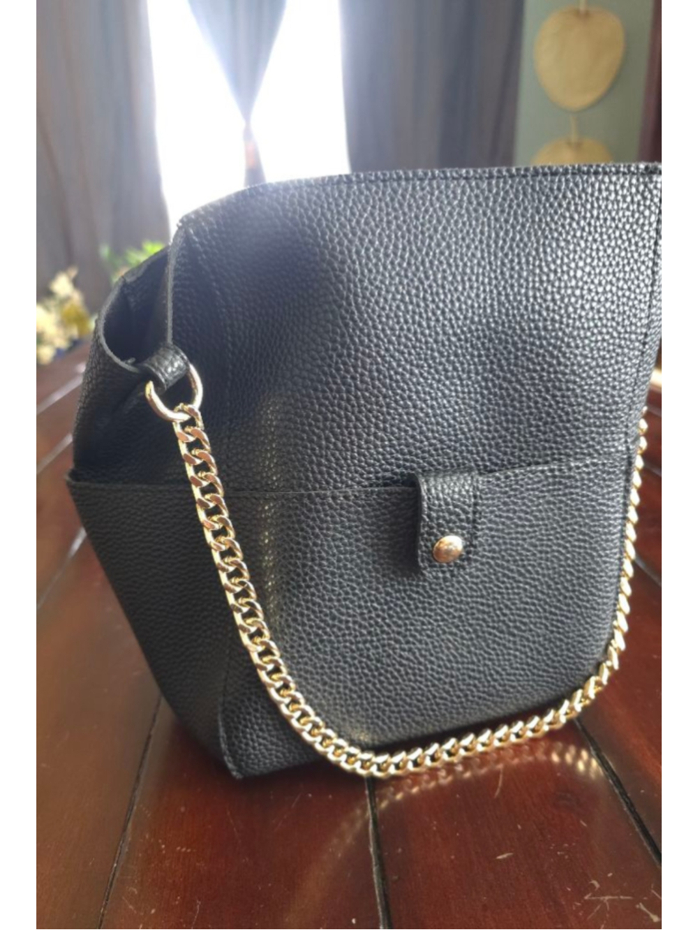 Women's Black Pebble Leather Crossbody Bucket Bag with Gold Chain Strap Pockets